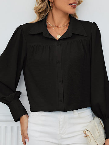 Woochic blouse boutonnage col chemise manches bishop femme décontracté Noir S
